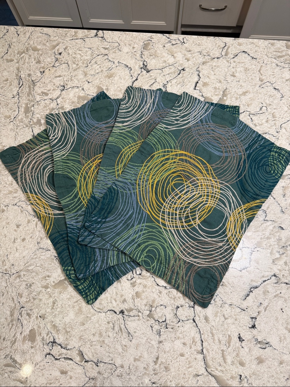 Crate & Barrel Cirque Embroidered Placemats Teal Green Yellow Brown - Set of 4